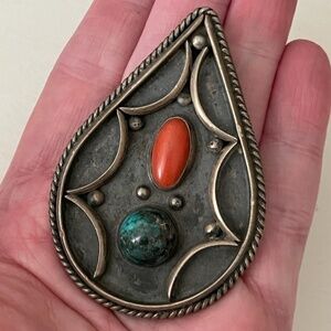 Old Pawn Vintage LARGE Navajo Coral & Turquoise sterling silver pendant